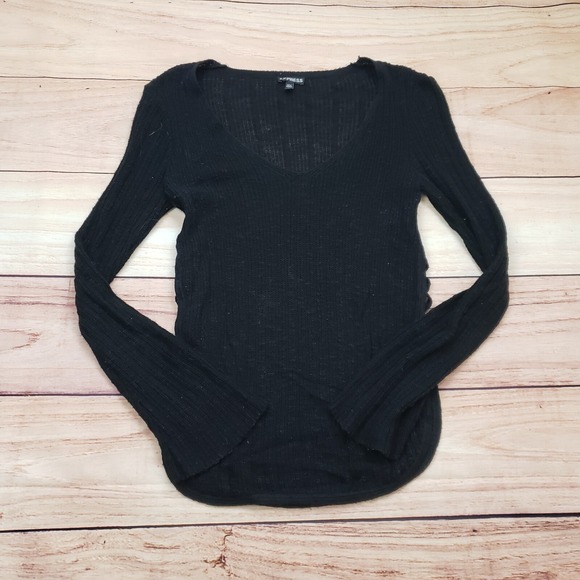 Express Tops - Express Shirt Womens Extra Small Black Long Sleeve‎ Lightweight Knit Lace Sides
